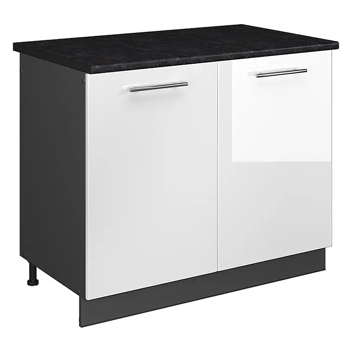 Spülenunterschrank Fame-Line 100 cm Weiß Hochglanz Art.-Nr. 61947 -  - Zweitüriger Küchenunterschrank mit dunkler Arbeitsplatte, weißen Hochglanztüren und Chromgriffen. Dunkelgrauer Korpus und Sockel.