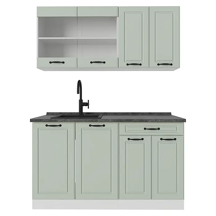 Singleküche R-Line 140 cm Mint Landhaus Art.-Nr. 71043 -  - Hellgrünes Küchenschrank-Set mit dunkler Arbeitsplatte, schwarzem Spülbecken und Wasserhahn.