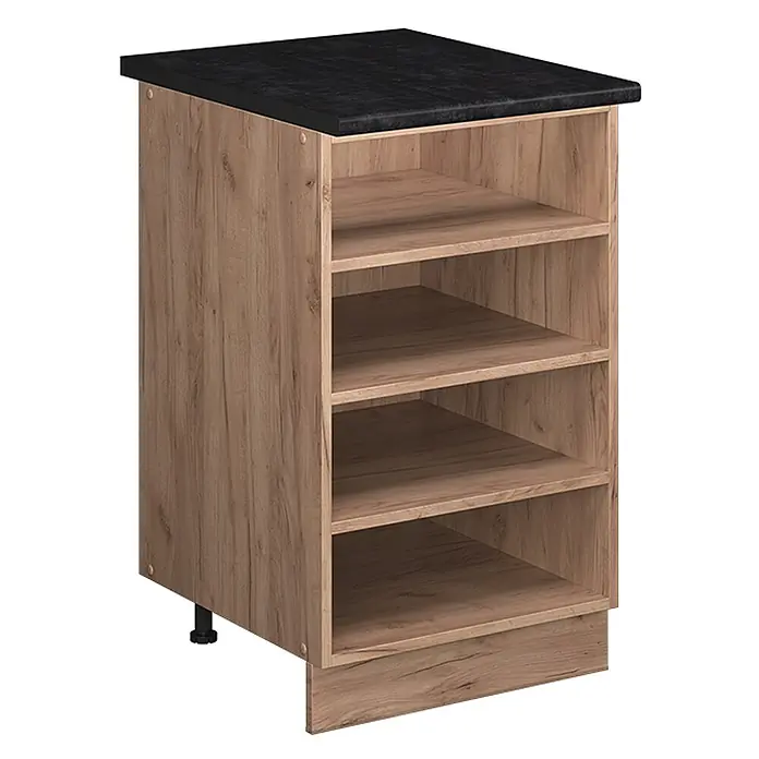 Küchenregal Fame-Line 50 cm Goldkraft Eiche Art.-Nr. 65825 -  - Heller Holz-Unterschrank mit dunkler Arbeitsplatte und vier offenen Fächern.