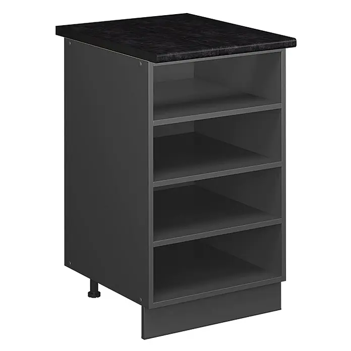 Küchenregal Fame-Line 50 cm Anthrazit Art.-Nr. 65822 -  - Dunkelgrauer Küchenunterschrank mit dunkler Arbeitsplatte und fünf offenen Fächern, mit verstellbaren Füßen und Sockelblende.