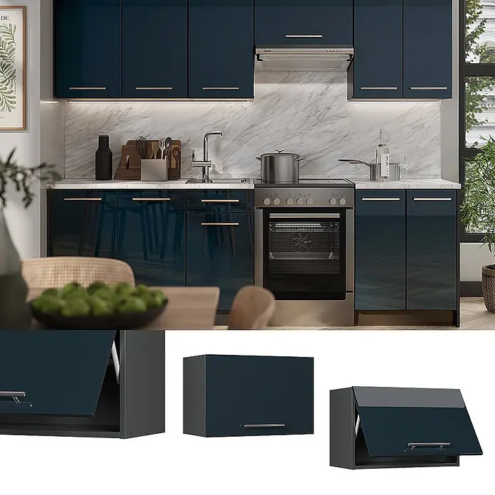 Hängeschrank Fame-Line 60 cm Dunkelblau Hochglanz Art.-Nr. 61546 -  - Dunkelblaue Hochglanz-Küchenschränke mit silbernen Griffen in einer modernen Küche.