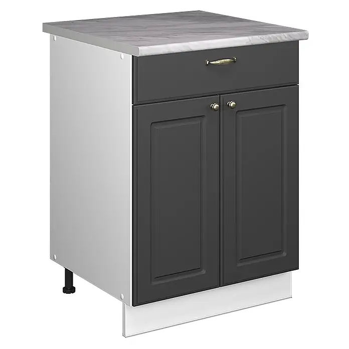 Küchenunterschrank Fame-Line 60 cm Anthrazit-Gold Landhaus Art.-Nr. 60947 -  - Dunkelgrauer Küchenunterschrank mit weißer Seitenwand, Marmor-Arbeitsplatte und Messinggriffen. Mit Schublade und zwei Türen.