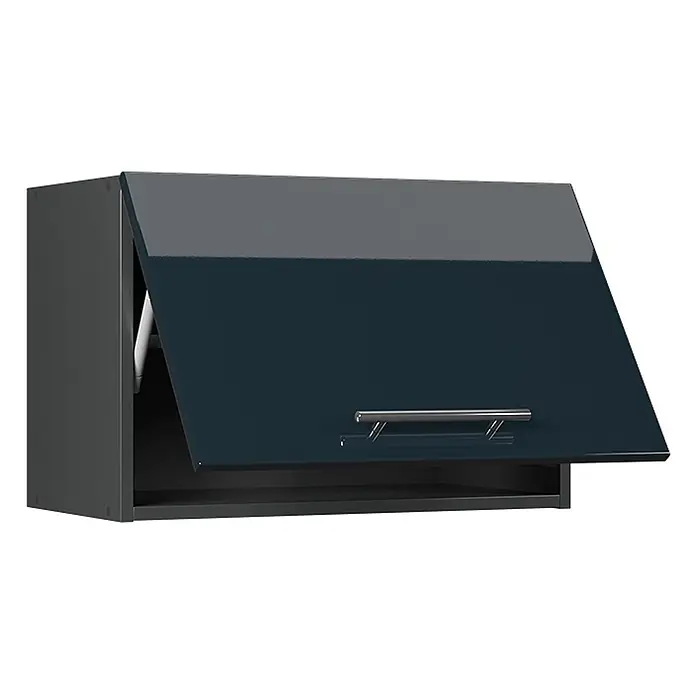 Hängeschrank Fame-Line 60 cm Dunkelblau Hochglanz Art.-Nr. 61546 -  - Dunkelblauer Hochglanz-Küchenoberschrank mit Silbergriff, Tür teilweise offen mit Innenmechanismus.