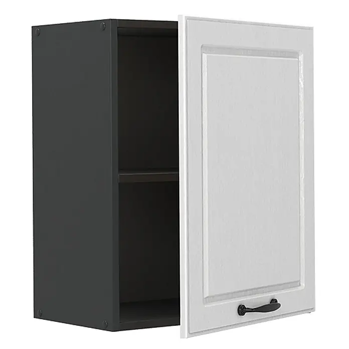 Hängeschrank R-Line 50 cm Weiß Landhaus Art.-Nr. 70043 -  - Dunkelgrauer Wandschrank mit offener weißer Tür, die zwei Innenböden und einen schwarzen Griff zeigt.