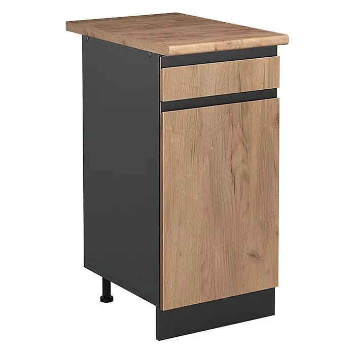 Küchenunterschrank R-Line 40 cm Goldkraft Eiche Art.-Nr. 61043 -  - Küchenunterschrank mit Holzoptik-Schublade, -Tür und -Platte, dunkelgrauen Seiten.