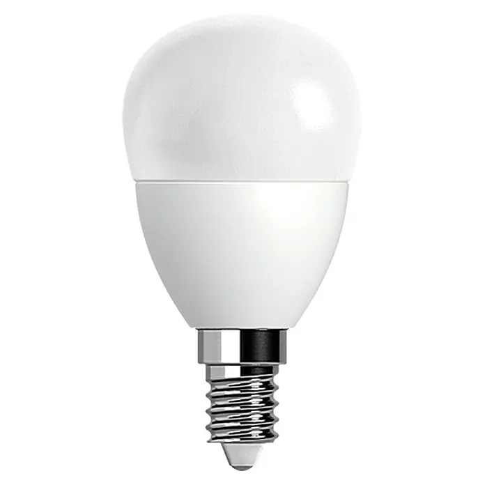 Voltolux Bombilla LED - E14, Intensidad regulable, Blanco cálido, 470 lm, 2.700 K, 6 W - Primer plano de una bombilla LED E14 en blanco, que representa una solución de iluminación energéticamente eficiente para el hogar.