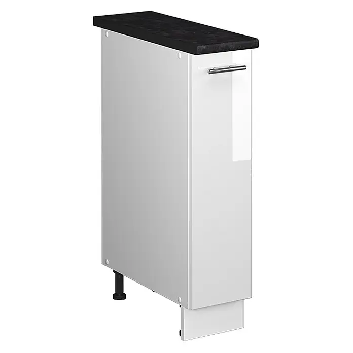 Apothekerschrank Fame-Line 20 cm Weiß Hochglanz Art.-Nr. 62081 -  - Schmaler weißer Hochglanz-Auszugsschrank mit schwarzer strukturierter Arbeitsplatte, Chromgriff und verstellbaren Füßen.