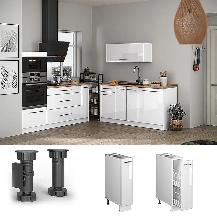 Apothekerschrank Fame-Line 20 cm Weiß Hochglanz Art.-Nr. 62081 -  - Moderne Küche mit weißen Hochglanzschränken und Holzarbeitsplatte. Zeigt verstellbare Füße und einen ausziehbaren Gewürzschrank.