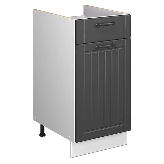 Küchenunterschrank Fame-Line 40 cm Dunkelgrau Art.-Nr. 60916 -  - Weißer Küchenunterschrank mit dunkelgrauer Schublade, vertikal getäfelter Tür, schwarzen Griffen und weißer Sockelleiste.