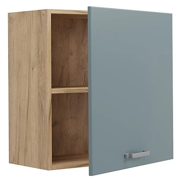Hängeschrank R-Line 60 cm Blau-Grau Art.-Nr. 65813 -  - Wandschrank mit Holzoptik-Korpus und hellblau-grauer Tür, leicht geöffnet, mit zwei Regalböden und silbernem Griff.
