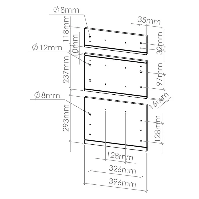 Küchenfront R-Line 39.6 cm Weiß Hochglanz Art.-Nr. 37436 -  - Technische Zeichnung von drei rechteckigen Montageplatten mit Maßen, Lochdurchmessern (8mm, 12mm) und Abständen.