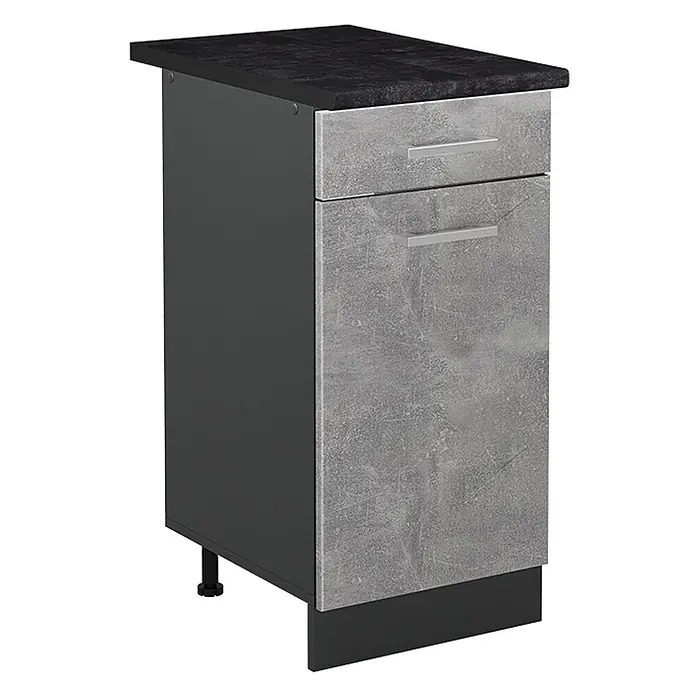Küchenunterschrank R-Line 40 cm Beton Art.-Nr. 61026 -  - Grauer und schwarzer Küchenschrank mit zwei Betonoptik-Schubladen, schwarzer Arbeitsplatte und verstellbaren Füßen.