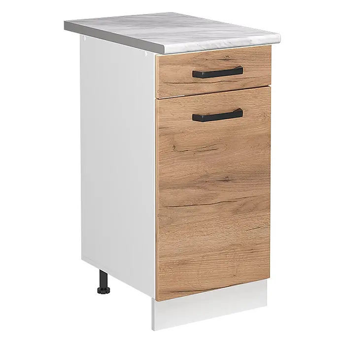 Spülenunterschrank R-Line 40 cm Goldkraft Eiche Art.-Nr. 72883 -  - Weißer Küchenunterschrank mit zwei Holzoptik-Schubladen, schwarzen Griffen und marmorierter Arbeitsplatte.