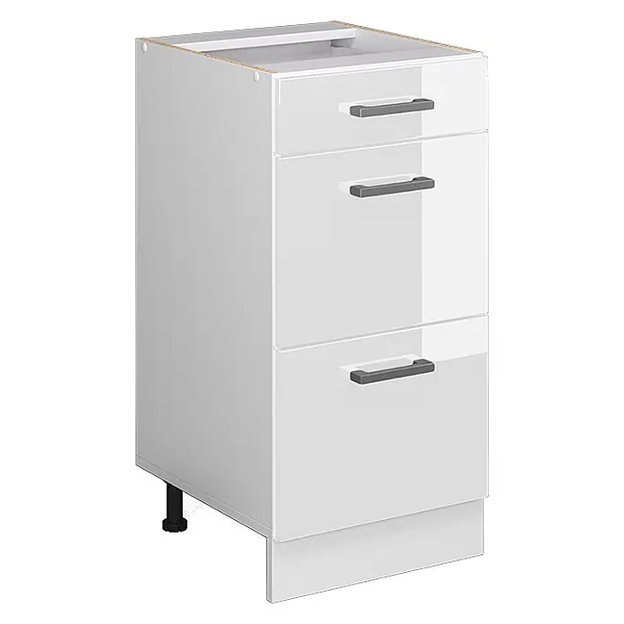 Küchenfront R-Line 39.6 cm Weiß Hochglanz Art.-Nr. 37436 -  - Weißer hochglänzender Küchenunterschrank mit drei Schubladen und grauen Griffen.