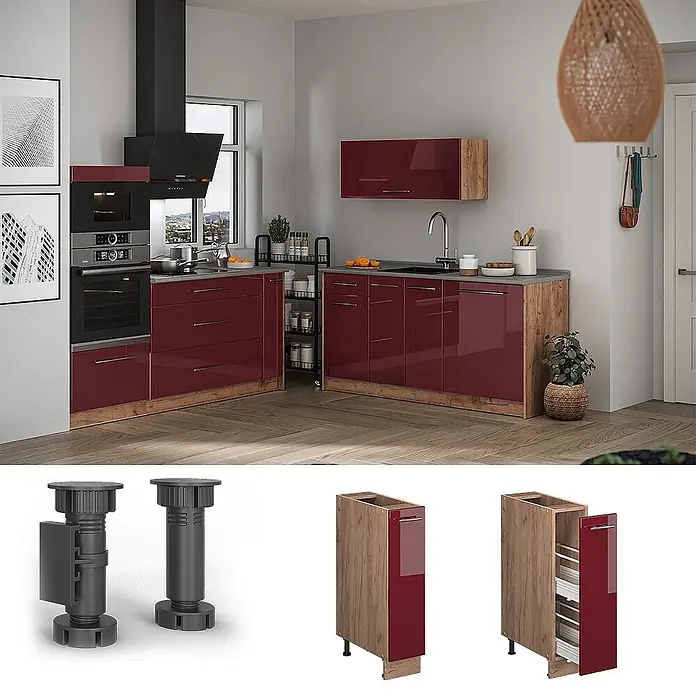 Apothekerschrank Fame-Line 20 cm Bordeaux Hochglanz Art.-Nr. 62133 -  - Moderne Küchenzeile mit hochglänzenden roten Fronten, Holzdekorplatten, grauer Arbeitsplatte und integrierten Geräten.