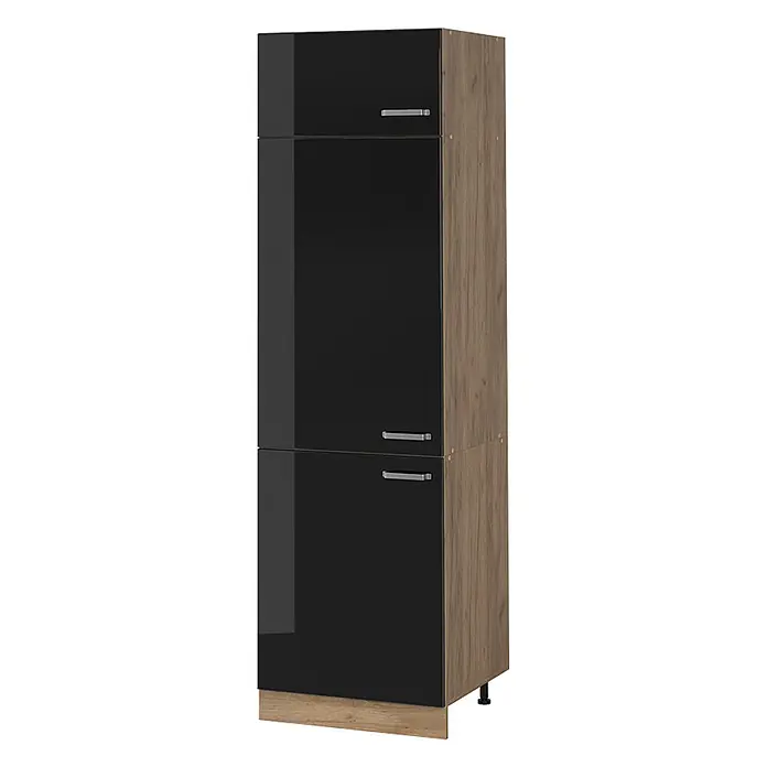 Vorratsschrank R-Line 60 cm Schwarz Hochglanz Art.-Nr. 63207 -  - Hoher Schrank mit glänzenden schwarzen Türen, Holzdekorseiten und Metallgriffen.
