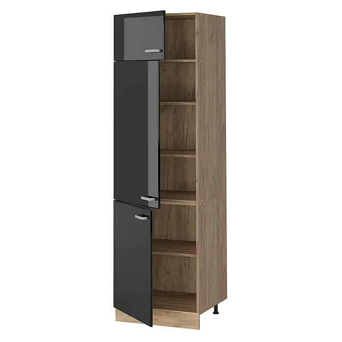 Vorratsschrank R-Line 60 cm Schwarz Hochglanz Art.-Nr. 63207 -  - Hoher Schrank mit dunkelgrauen Hochglanztüren und hellem Holzdekor, teils geöffnet, mit Regalböden.