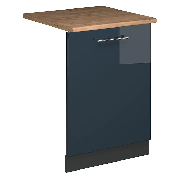Geschirrspülblende Fame-Line 60 cm Dunkelblau Hochglanz Art.-Nr. 54814 -  - Dunkelblauer Hochglanz-Küchenunterschrank mit Holzarbeitsplatte, Chromgriff und dunkelgrauer Sockelleiste.