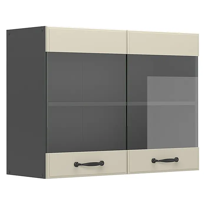Glashängeschrank R-Line 80 cm Sand Landhaus Art.-Nr. 71183 -  - Zweitüriger Hängeschrank mit beigen oberen Blenden und Schubladenfronten, dunkelgrauem Innenraum durch Glastüren sichtbar, und schwarzen Griffen.