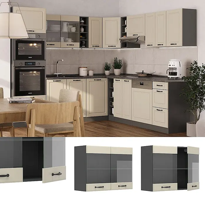 Glashängeschrank R-Line 80 cm Sand Landhaus Art.-Nr. 71183 -  - Moderne Küche mit beigen und dunkelgrauen Schränken, teils mit Glasfront, in funktionaler Anordnung.