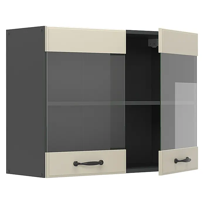 Glashängeschrank R-Line 80 cm Sand Landhaus Art.-Nr. 71183 -  - Dunkelgrauer Wandschrank mit cremefarbenen Glaspaneeltüren, eine offenbart ein Innenregal.
