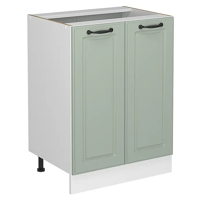 Küchenunterschrank R-Line 60 cm Mint Landhaus Art.-Nr. 71192 -  - Hellgrüner Küchenunterschrank mit zwei Kassettentüren, schwarzen Griffen und weißer Sockelleiste. Weißer Korpus und verstellbarer Fuß.