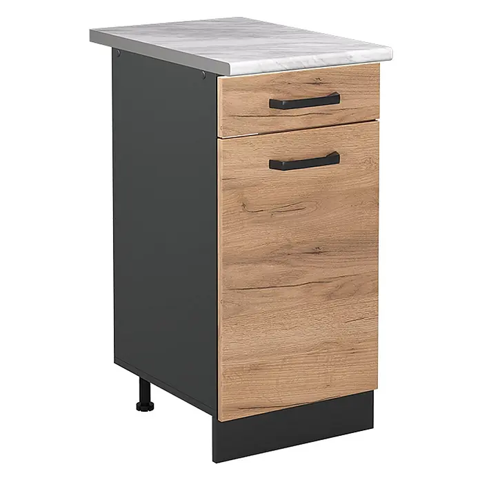 Küchenunterschrank R-Line 40 cm Goldkraft Eiche Art.-Nr. 61040 -  - Kompakter Küchenschrank mit weißer Marmor-Effektplatte, anthrazitfarbenem Korpus und zwei Eichenholz-Effekt Schubladen mit schwarzen Griffen.