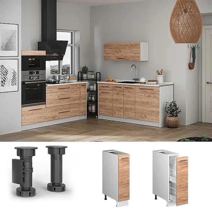 Apothekerschrank Fame-Line 20 cm Goldkraft Eiche Art.-Nr. 62069 -  - Moderne Küche mit Holzoptik-Schränken und weißen Arbeitsplatten. Verfügt über Ausziehschränke und verstellbare schwarze Möbelfüße zur Anpassung.
