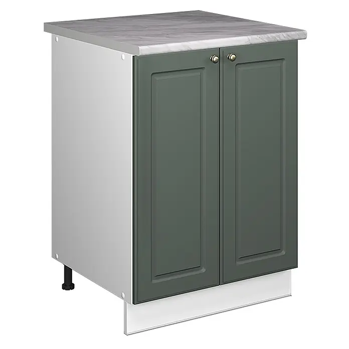 Spülenunterschrank Fame-Line 60 cm Grün-Gold Landhaus Art.-Nr. 65096 -  - Zweitüriger Küchenunterschrank mit grauer Marmoroptik-Arbeitsplatte, dunkelgrünen Kassettenfronten und Messinggriffen, auf einem weißen Sockel.