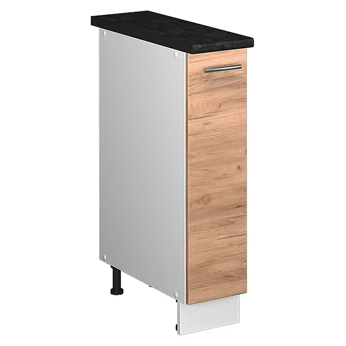 Apothekerschrank Fame-Line 20 cm Goldkraft Eiche Art.-Nr. 62069 -  - Schmaler Unterschrank mit schwarzer Arbeitsplatte, heller Holzfront, weißer Seitenwand und verstellbaren Füßen.
