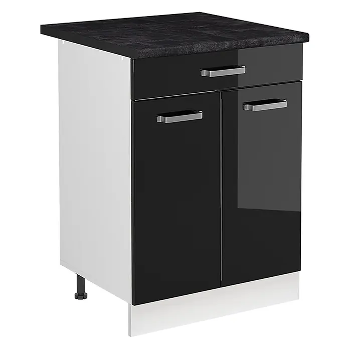 Spülenunterschrank R-Line 60 cm Schwarz Hochglanz Art.-Nr. 73024 -  - Schwarzer Hochglanz Küchenunterschrank mit zwei Türen, einer Schublade, weißer Seitenwand und dunkelgrauer strukturierter Arbeitsplatte.
