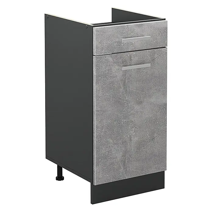 Küchenunterschrank R-Line 40 cm Beton Art.-Nr. 61025 -  - Dunkelgrauer Küchenunterschrank mit zwei grauen Schubladen in Betonoptik und silbernen Griffen. Mit verstellbaren Füßen und Sockel.