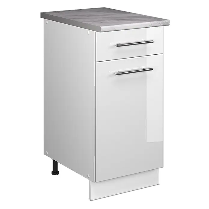 Küchenunterschrank Fame-Line 40 cm Weiß Hochglanz Art.-Nr. 60939 -  - Weißer Küchenunterschrank mit grauer Marmoroptik-Arbeitsplatte, einer Schublade und einer Tür, beide mit Chromgriffen, und einer Sockelblende.