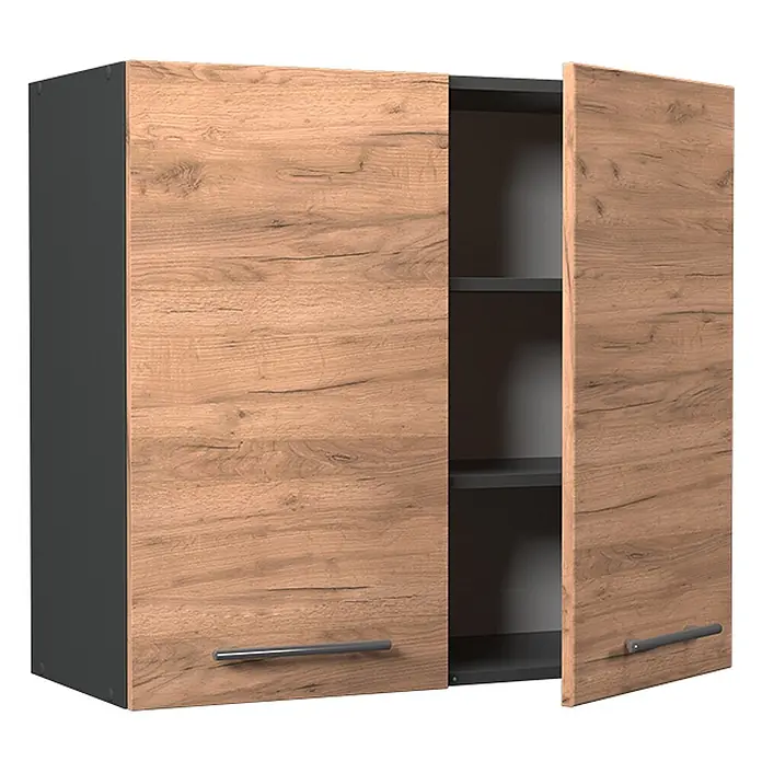 Hängeschrank Fame-Line 80 cm Goldkraft Eiche Art.-Nr. 62806 -  - Wandschrank mit anthrazitfarbenem Korpus und hellbraunen Holzeffekt-Türen, eine Tür offenbart zwei Innenböden, mit horizontalen Metallgriffen.