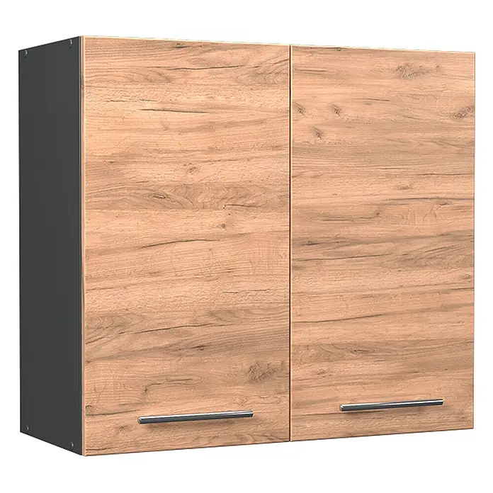 Hängeschrank Fame-Line 80 cm Goldkraft Eiche Art.-Nr. 62806 -  - Zweitüriger Hängeschrank mit hellen Holzfronten, dunkelgrauen Seiten und silbernen Stangengriffen.
