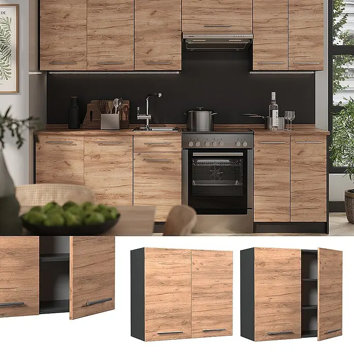 Hängeschrank Fame-Line 80 cm Goldkraft Eiche Art.-Nr. 62806 -  - Modulare Küchenmöbel mit hellen Holzmaserung-Schränken und dunklen Griffen, in einer modernen Küche gezeigt.