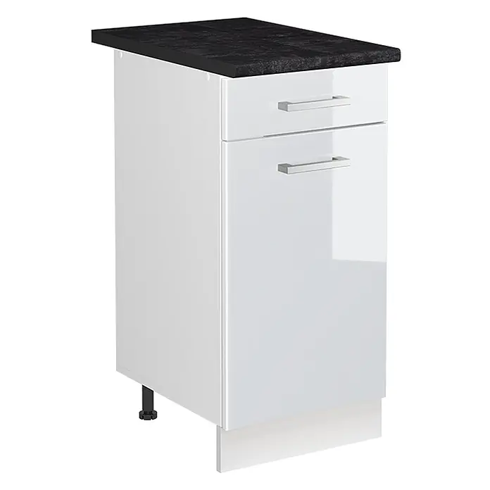 Spülenunterschrank R-Line 40 cm Weiß Hochglanz Art.-Nr. 72900 -  - Weißer Küchenunterschrank mit schwarzer Arbeitsplatte, einer Schublade und einer Tür mit Metallgriffen.