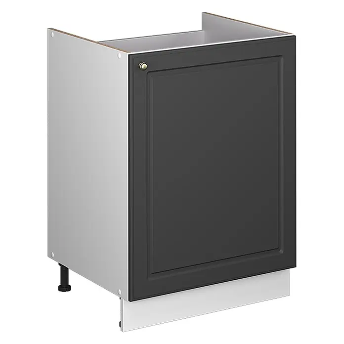 Spülenunterschrank Fame-Line 60 cm Anthrazit-Gold Landhaus Art.-Nr. 62179 -  - Dunkelgrauer Küchenunterschrank mit Paneeltür und goldenem Knauf, auf weißen verstellbaren Füßen mit Sockel.