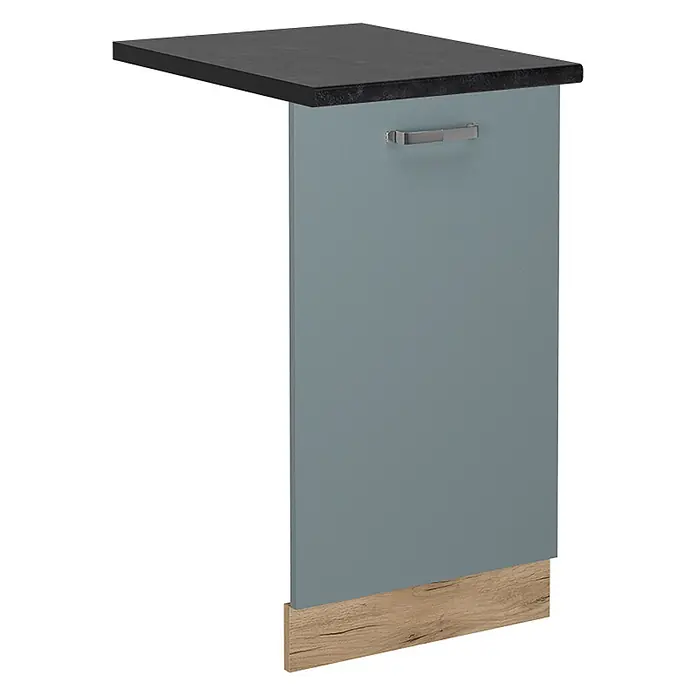 Geschirrspülblende R-Line 45 cm Blau-Grau Art.-Nr. 54985 -  - Küchenunterschrank: dunkle Arbeitsplatte, blaugraue Tür, silberner Griff, helle Holzleiste.