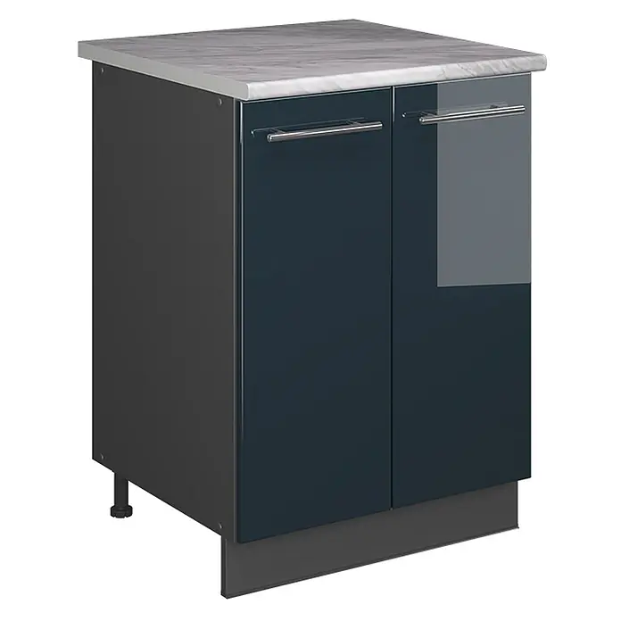 Spülenunterschrank Fame-Line 60 cm Dunkelblau Hochglanz Art.-Nr. 65279 -  - Dunkelblauer Küchenunterschrank mit glänzenden Türen, silbernen Griffen und heller Marmor-Arbeitsplatte.