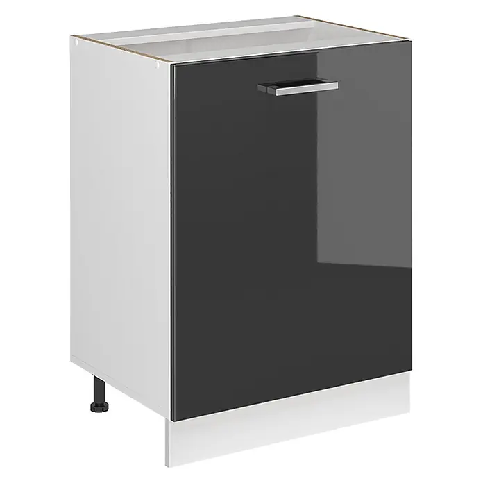 Küchenunterschrank R-Line 60 cm Anthrazit Hochglanz Art.-Nr. 72082 -  - Weißer Küchenunterschrank mit glänzender dunkelgrauer Tür und Griff. Mit verstellbaren Füßen und Sockelblende.