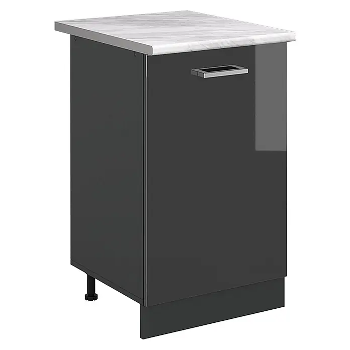 Küchenunterschrank R-Line 50 cm Anthrazit Hochglanz Art.-Nr. 70186 -  - Anthrazitfarbener Hochglanz-Unterschrank mit weißer Marmor-Arbeitsplatte und silbernem Griff, auf Stellfüßen.