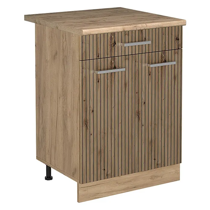Küchenunterschrank R-Line 60 cm Artisan-Eiche Art.-Nr. 61194 -  - Hölzerner Unterschrank mit geriffelter Schublade und zwei geriffelten Türen sowie silbernen Griffen.