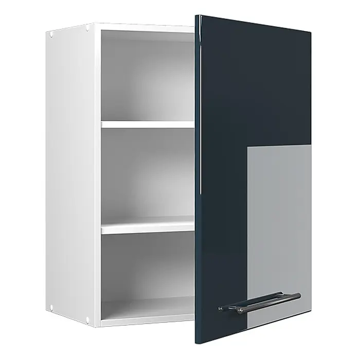 Hängeschrank Fame-Line 60 cm Dunkelblau Hochglanz Art.-Nr. 62839 -  - Weißer Wandschrank mit offenen Fächern und einer dunkelblauen Hochglanztür mit grauem Akzent und silbernem Griff.