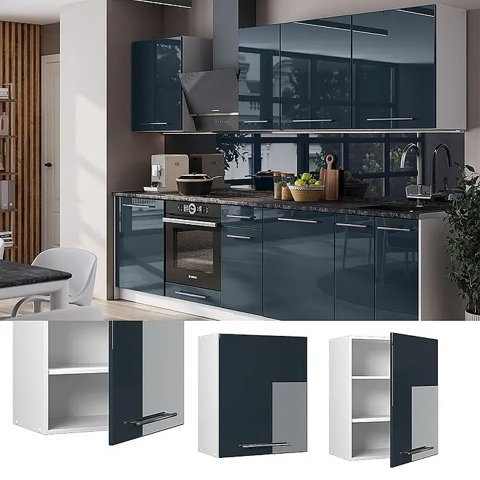 Hängeschrank Fame-Line 60 cm Dunkelblau Hochglanz Art.-Nr. 62839 -  - Moderne Küche mit glänzenden blauen Schränken, Wand- und Unterschränke sowie einzelne Module darunter.
