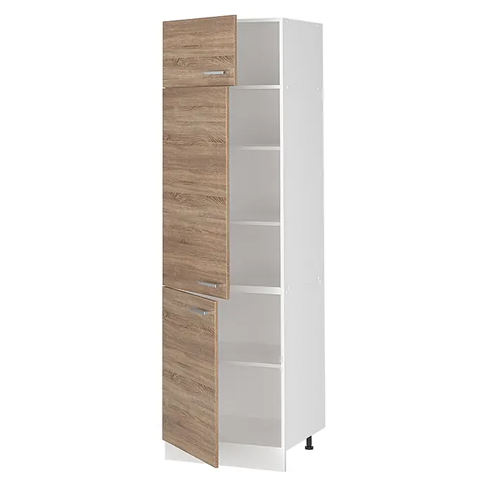 Vorratsschrank R-Line 60 cm Sonoma Art.-Nr. 63184 -  - Hoher weißer Schrank mit hellbraunen Holztüren und silbernen Griffen. Zwei Türen sind offen und zeigen Innenregale.