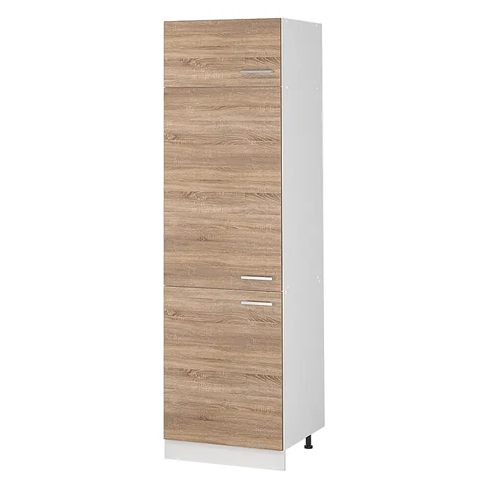 Vorratsschrank R-Line 60 cm Sonoma Art.-Nr. 63184 -  - Hoher Schrank mit hellen Holzfronten, weißen Seiten und silbernen Griffen.