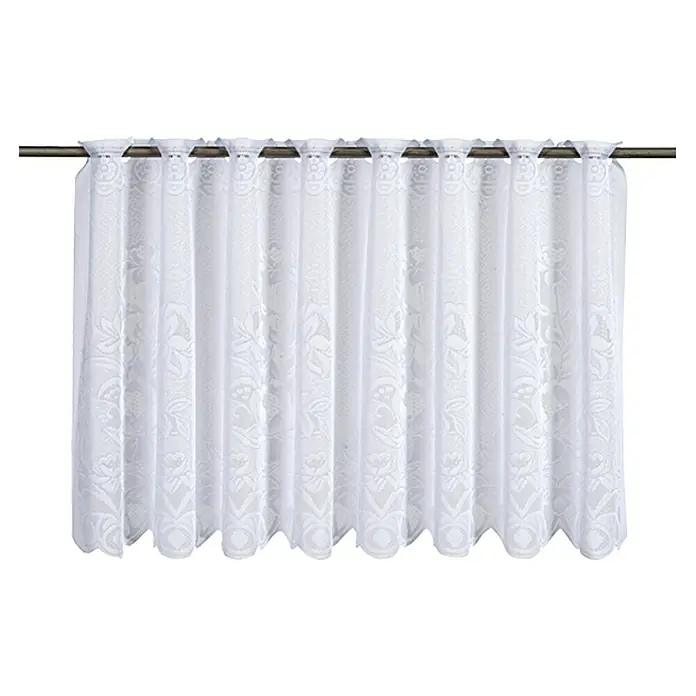 Elbersdrucke Cafehaus-Gardine - B x H: 160 x 60 cm, Weiß, Floral, 100 % Polyester - Eine weiße, halbtransparente Gardine mit floralem Muster hängt an einer Metallstange und sorgt für sanftes Licht und Privatsphäre.