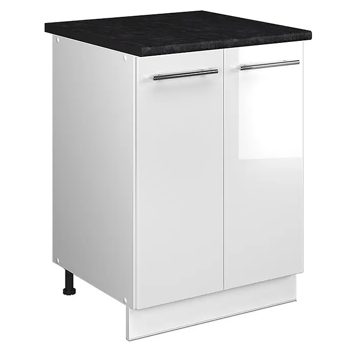 Spülenunterschrank Fame-Line 60 cm Weiß Hochglanz Art.-Nr. 65102 -  - Weißer zweitüriger Küchenunterschrank mit Chromgriffen und schwarzer Arbeitsplatte.