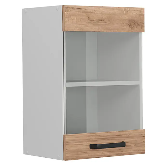 Küchenfront R-Line 39.6 cm Goldkraft Eiche Art.-Nr. 34865 -  - Weißer Hängeschrank mit hellen Holz-Paneelen oben und unten, Glastür und schwarzem Griff.